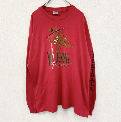 古着 used　Hanes ヘインズ　長袖プリントTシャツ　カジュアルデザイン　赤　レッド　クルーネック　レトロ　XXLサイズ