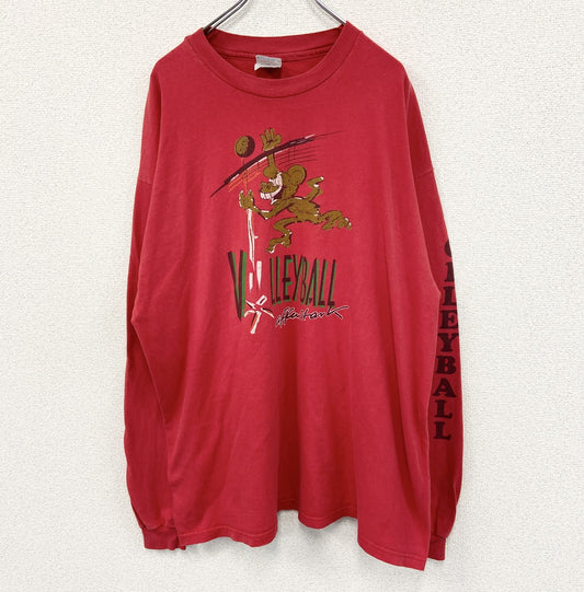 古着 used　Hanes ヘインズ　長袖プリントTシャツ　カジュアルデザイン　赤　レッド　クルーネック　レトロ　XXLサイズ