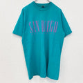 古着 used　半袖プリントTシャツ　90s　ヴィンテージ　シングルステッチ　クルーネック　レトロ　ターコイズブルー　Lサイズ