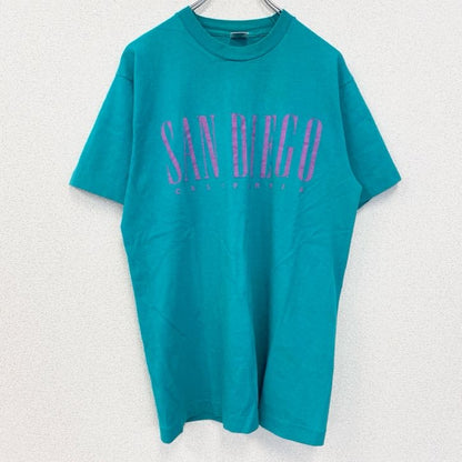古着 used　半袖プリントTシャツ　90s　ヴィンテージ　シングルステッチ　クルーネック　レトロ　ターコイズブルー　Lサイズ