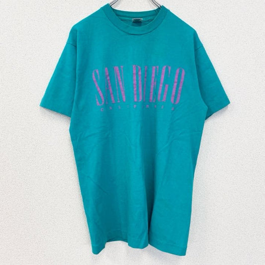 古着 used　半袖プリントTシャツ　90s　ヴィンテージ　シングルステッチ　クルーネック　レトロ　ターコイズブルー　Lサイズ