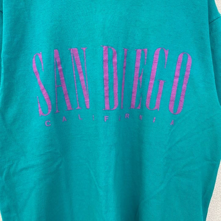 古着 used　半袖プリントTシャツ　90s　ヴィンテージ　シングルステッチ　クルーネック　レトロ　ターコイズブルー　Lサイズ