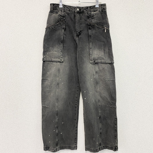 ZARA　ザラ　ブラックデニムカーゴパンツ/ジーンズ　フェード　ジップフライ　ジップポケット　インディゴ　W38サイズ