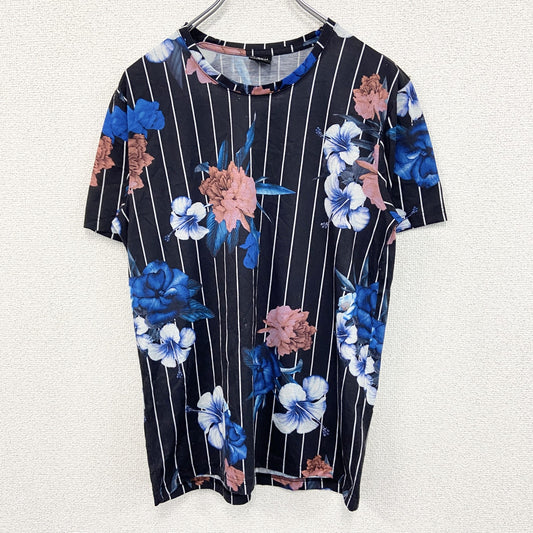 古着 used　FSBN　半袖総柄プリントTシャツ　花柄　カジュアルデザイン　黒　個性的　レトロ　クルーネック　Sサイズ