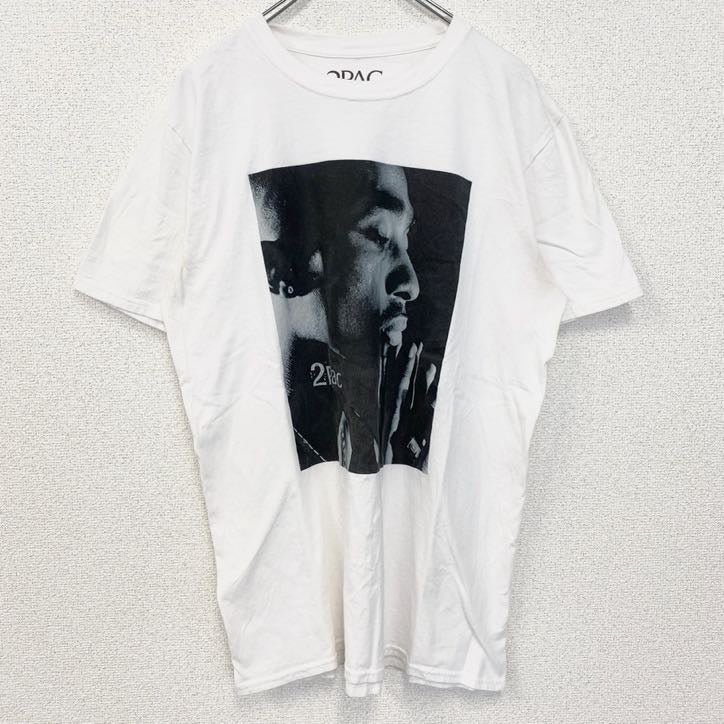 古着 used　2PAC　半袖プリントTシャツ　フォト　ヒップホップ　ラッパー　クルーネック　レトロ　白　ホワイト　Lサイズ