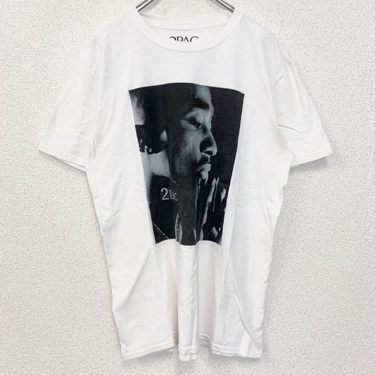 古着 used　2PAC　半袖プリントTシャツ　フォト　ヒップホップ　ラッパー　クルーネック　レトロ　白　ホワイト　Lサイズ