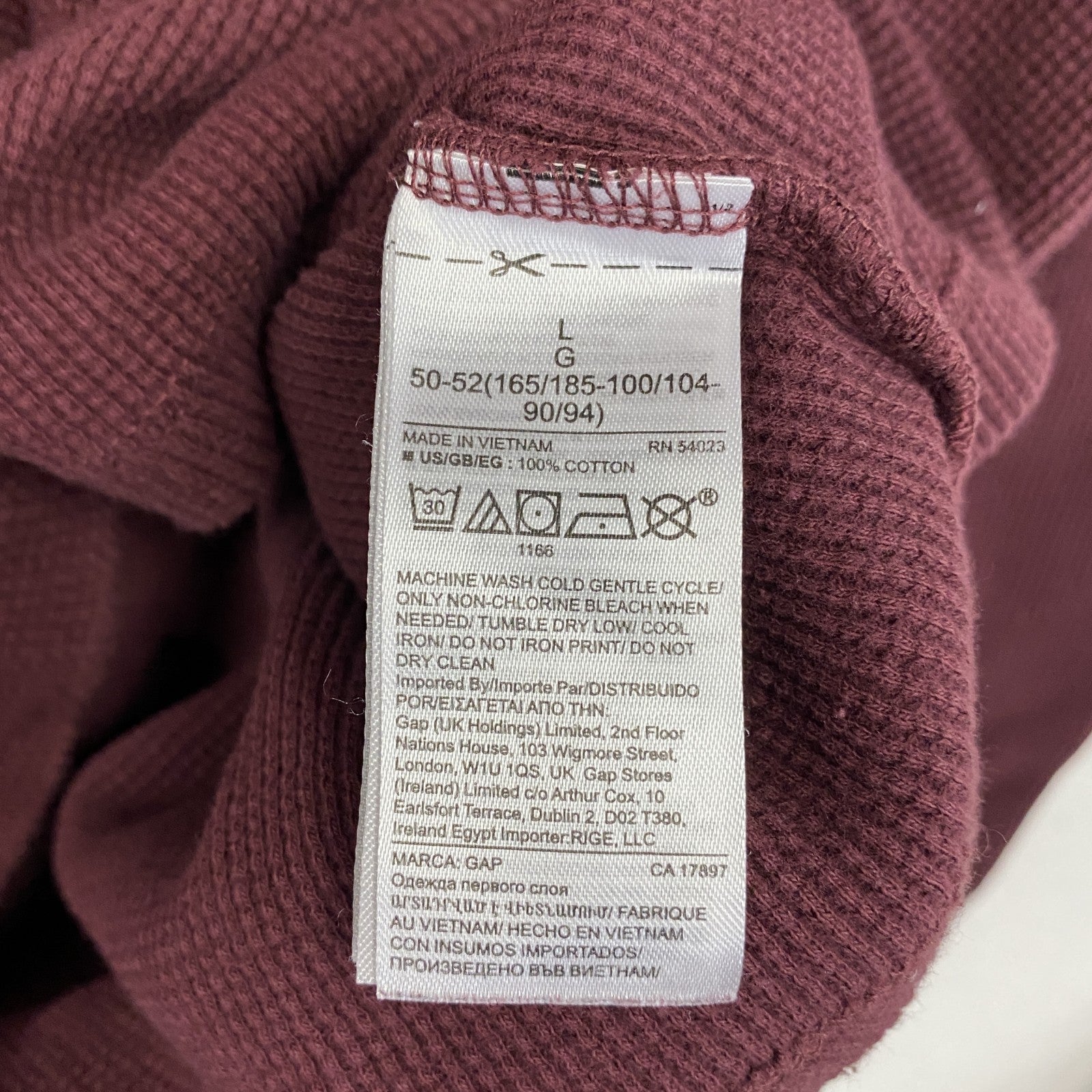 GAP　ギャップ　長袖Tシャツ/ロンT　ワッフル生地　デカロゴ　ボルドー　ワインレッド　Lサイズ