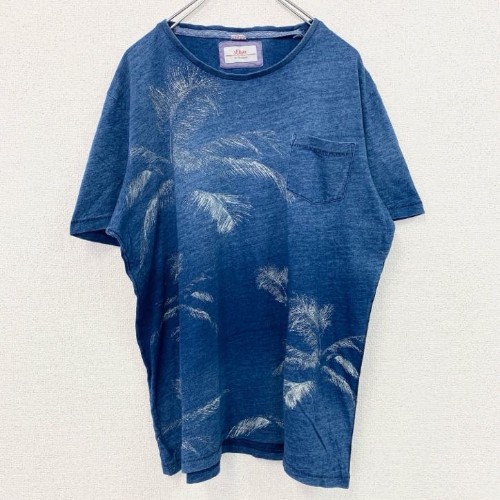 古着 used　半袖プリントTシャツ　シングルステッチ　ハワイアン　ヤシの木　クルーネック　胸ポケット　ブルー　XLサイズ
