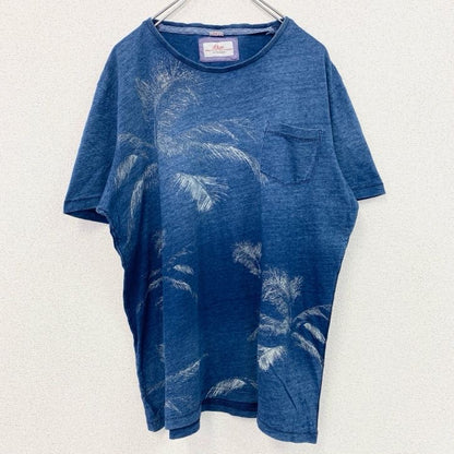 古着 used　半袖プリントTシャツ　シングルステッチ　ハワイアン　ヤシの木　クルーネック　胸ポケット　ブルー　XLサイズ