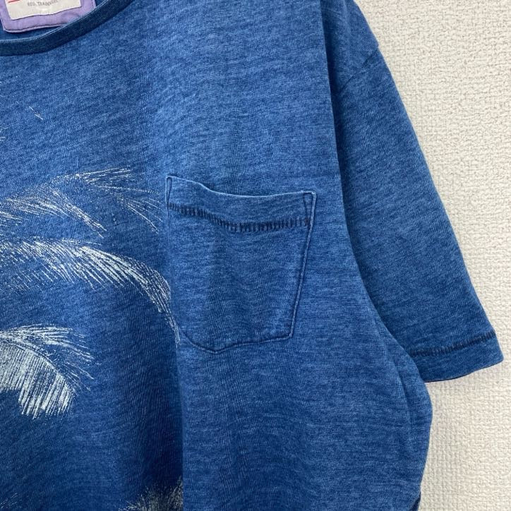 古着 used　半袖プリントTシャツ　シングルステッチ　ハワイアン　ヤシの木　クルーネック　胸ポケット　ブルー　XLサイズ