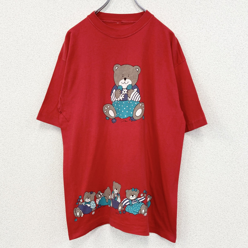 古着 used　半袖プリントTシャツ　90s　クマ　カジュアル　花　赤　レッド　シングルステッチ　レトロデザイン　Lサイズ
