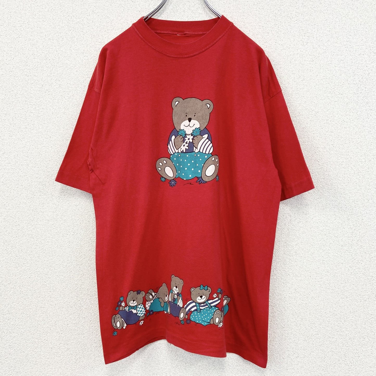 古着 used　半袖プリントTシャツ　90s　クマ　カジュアル　花　赤　レッド　シングルステッチ　レトロデザイン　Lサイズ