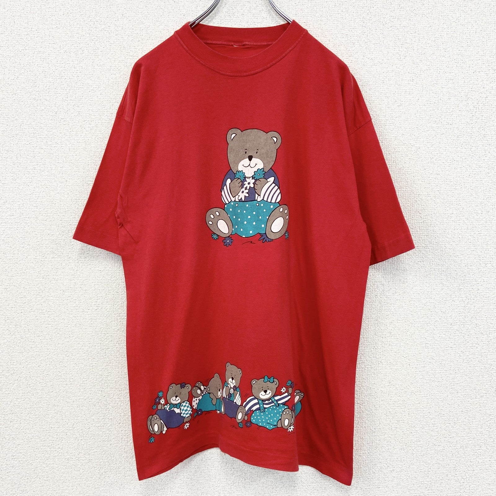 古着 used　半袖プリントTシャツ　90s　クマ　カジュアル　花　赤　レッド　シングルステッチ　レトロデザイン　Lサイズ