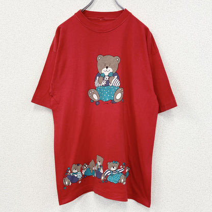 古着 used　半袖プリントTシャツ　90s　クマ　カジュアル　花　赤　レッド　シングルステッチ　レトロデザイン　Lサイズ