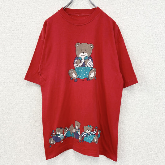 古着 used　半袖プリントTシャツ　90s　クマ　カジュアル　花　赤　レッド　シングルステッチ　レトロデザイン　Lサイズ
