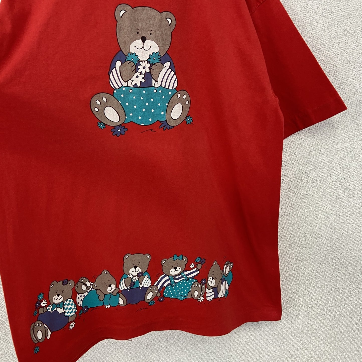 古着 used　半袖プリントTシャツ　90s　クマ　カジュアル　花　赤　レッド　シングルステッチ　レトロデザイン　Lサイズ