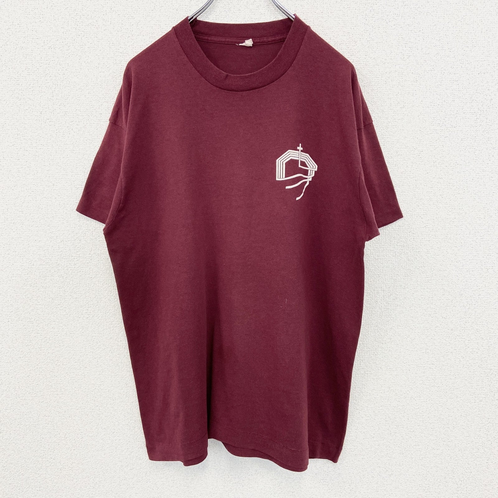 古着 used　半袖プリントTシャツ　90s　十字架　鳩　赤　レッド　シングルステッチ　春夏服　レトロデザイン　Lサイズ