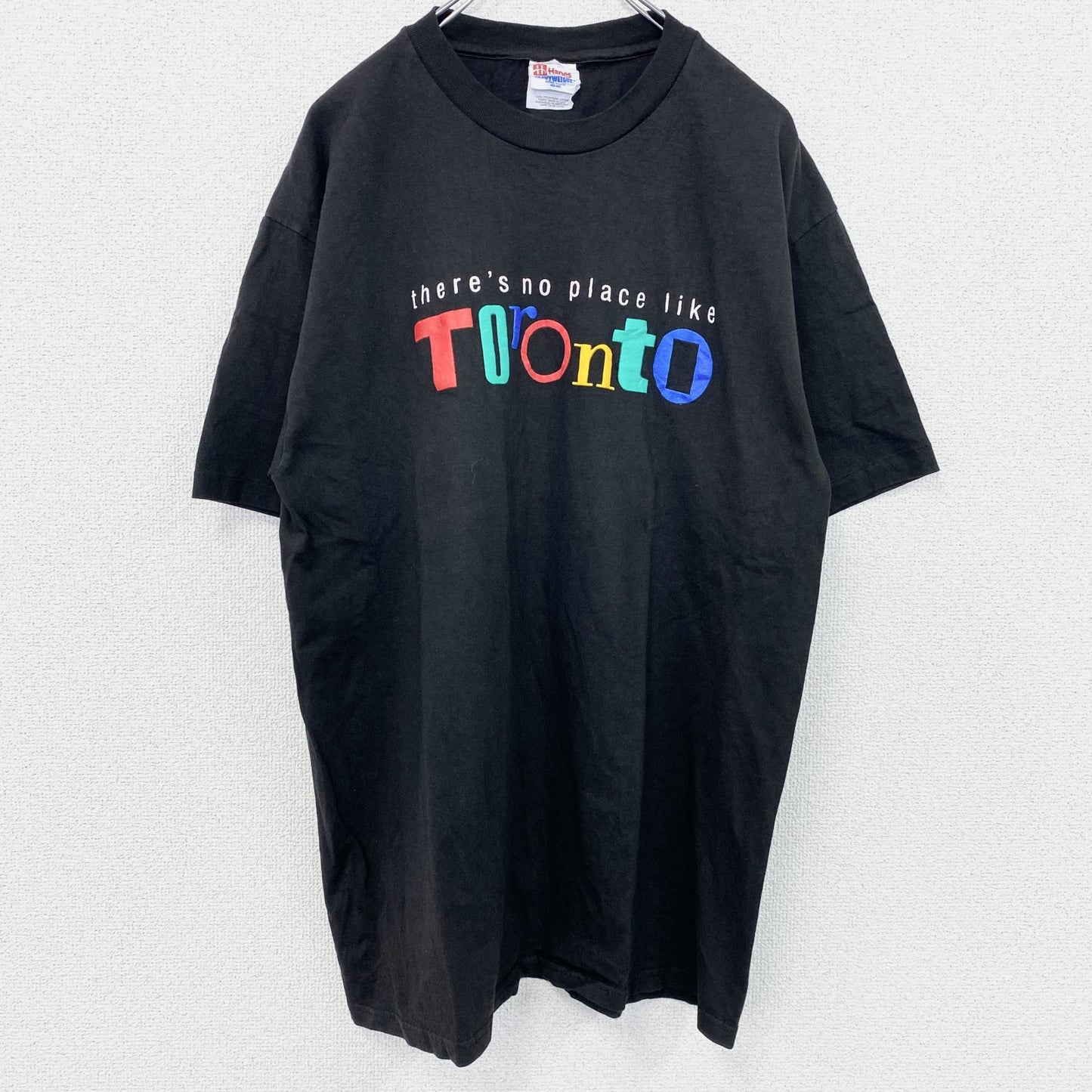古着 used　Hanes　ヘインズ　半袖プリントTシャツ　シングルステッチ　アルファベット　クルーネック　ブラック
