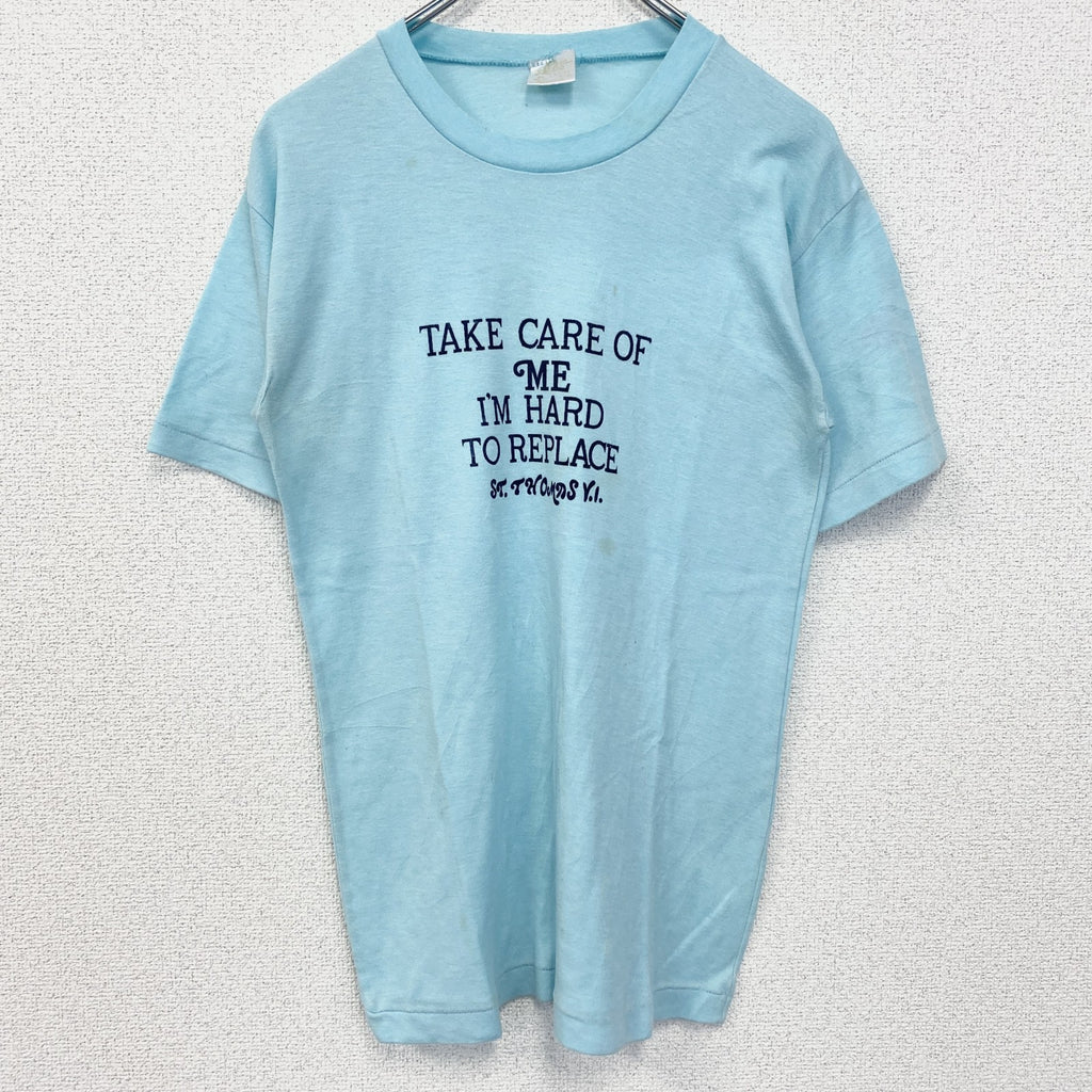 古着 used　半袖プリントTシャツ　90s　シングルステッチ　ヴィンテージ　クルーネック　レトロ　ライトブルー　水色　Lサイズ
