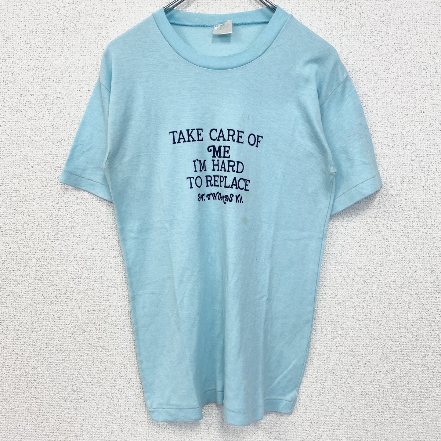 古着 used　半袖プリントTシャツ　90s　シングルステッチ　ヴィンテージ　クルーネック　レトロ　ライトブルー　水色　Lサイズ
