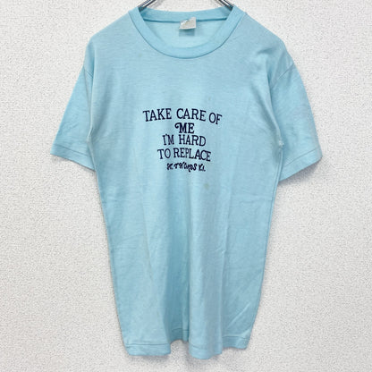古着 used　半袖プリントTシャツ　90s　シングルステッチ　ヴィンテージ　クルーネック　レトロ　ライトブルー　水色　Lサイズ