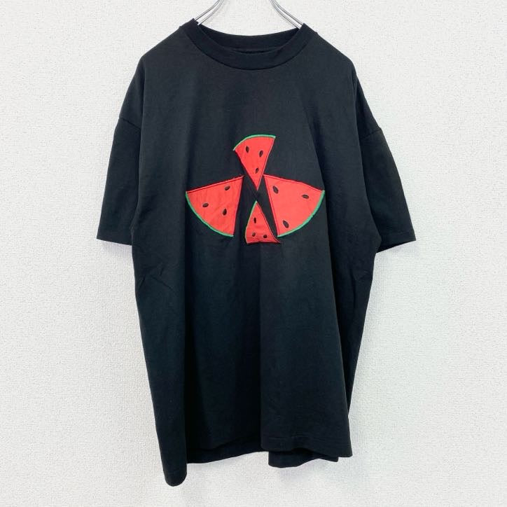 古着 used　Hanes　ヘインズ　半袖プリントTシャツ　シングルステッチ　肩パッド　フルーツ　ブラック　XLサイズ
