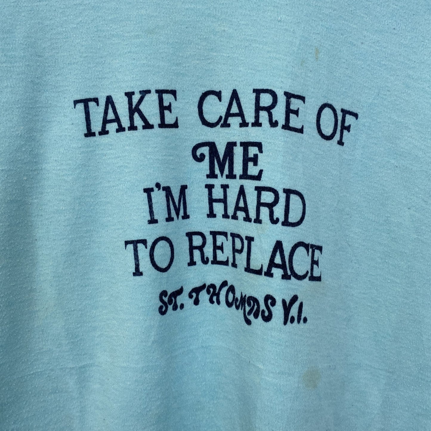 古着 used　半袖プリントTシャツ　90s　シングルステッチ　ヴィンテージ　クルーネック　レトロ　ライトブルー　水色　Lサイズ