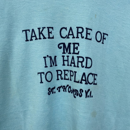 古着 used　半袖プリントTシャツ　90s　シングルステッチ　ヴィンテージ　クルーネック　レトロ　ライトブルー　水色　Lサイズ