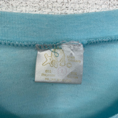 古着 used　半袖プリントTシャツ　90s　シングルステッチ　ヴィンテージ　クルーネック　レトロ　ライトブルー　水色　Lサイズ