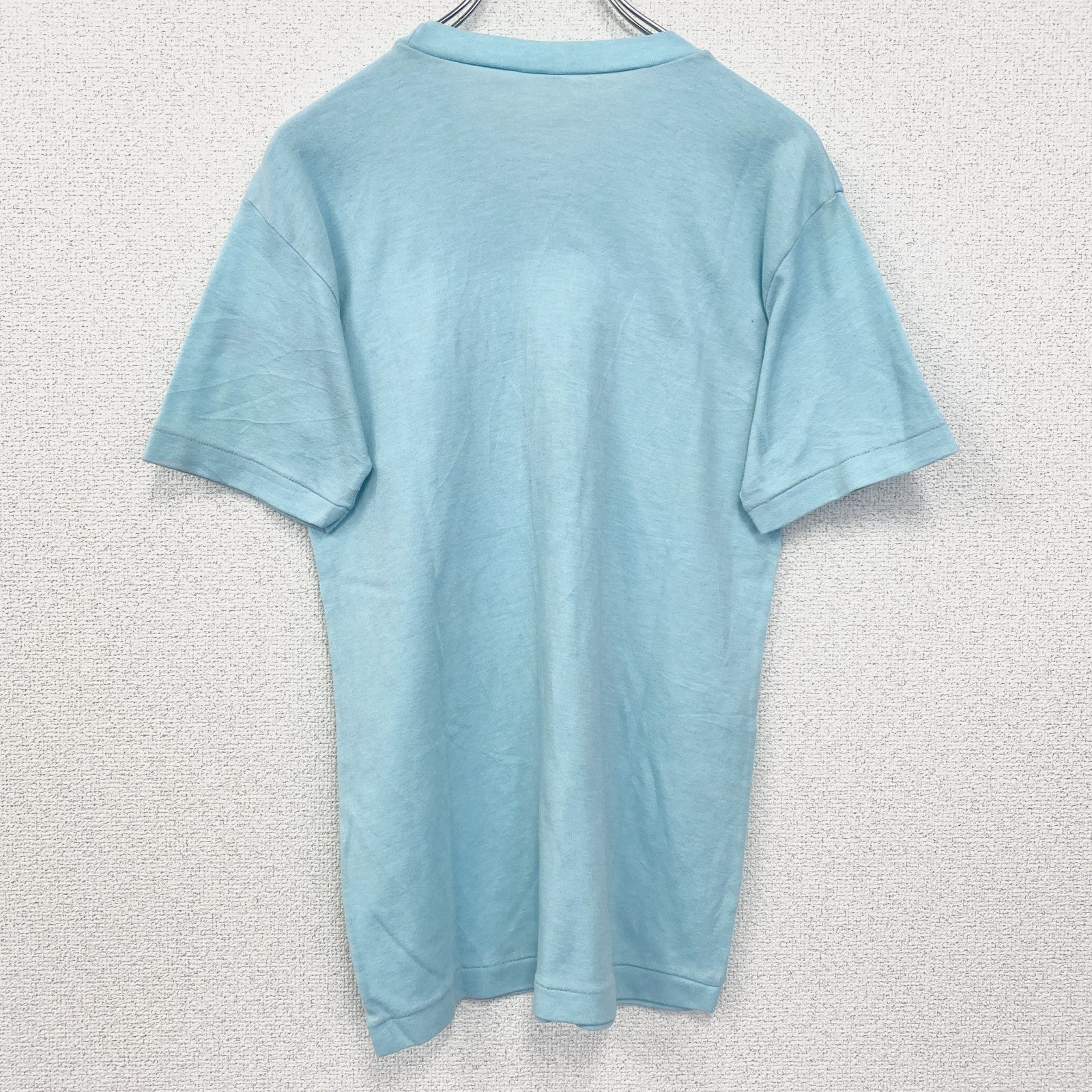 古着 used　半袖プリントTシャツ　90s　シングルステッチ　ヴィンテージ　クルーネック　レトロ　ライトブルー　水色　Lサイズ