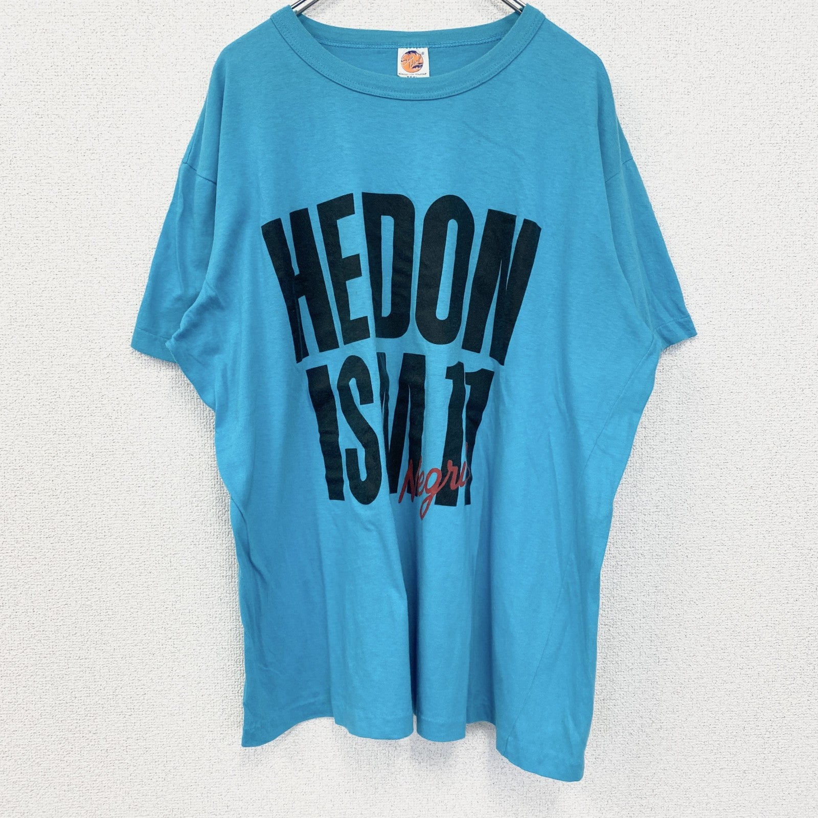 古着 used　半袖プリントTシャツ　90s　シングルステッチ　ヴィンテージ　クルーネック　レトロ　水色　ブルー　XXXLサイズ