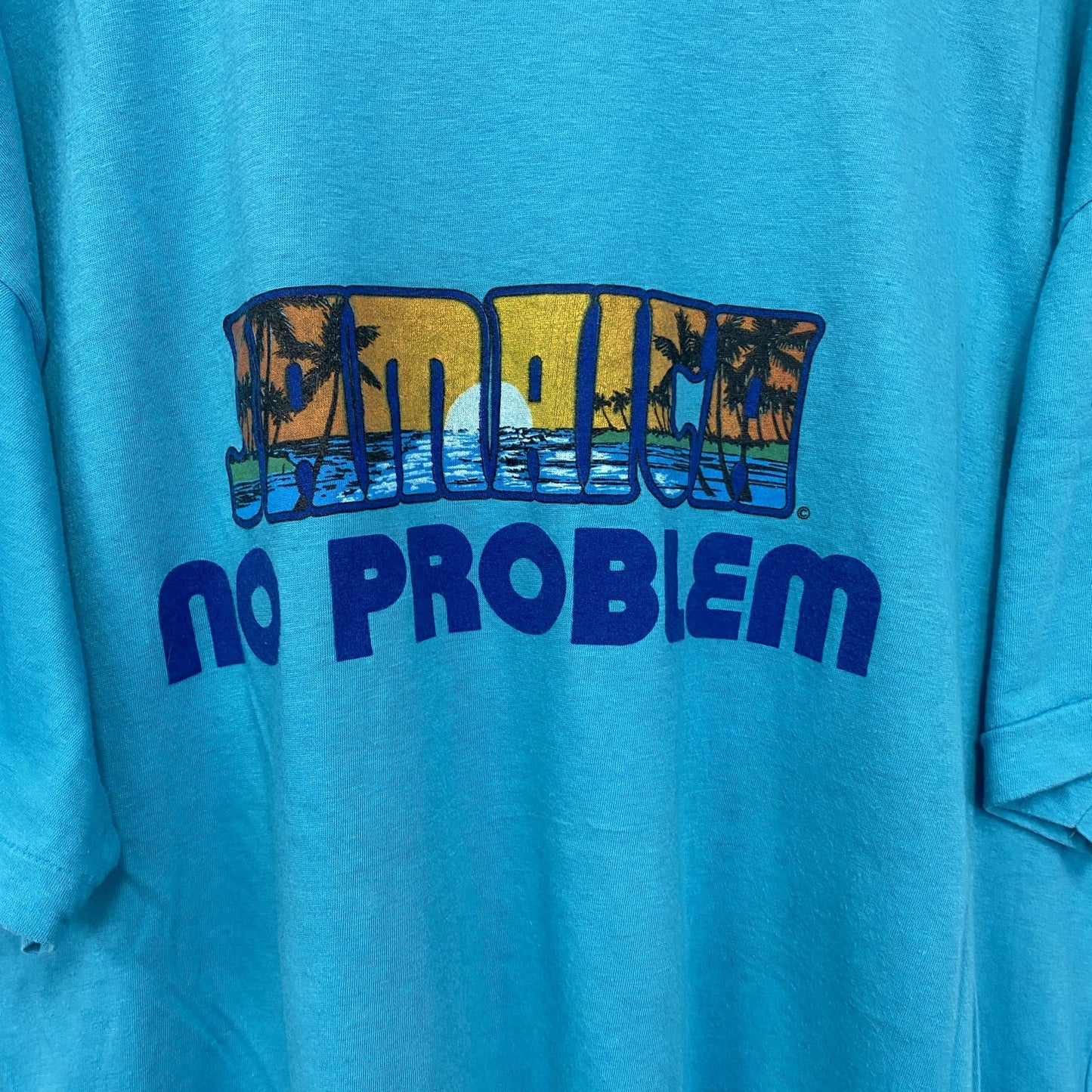 古着 used　半袖プリントTシャツ　90s　シングルステッチ　ヴィンテージ　クルーネック　レトロ　水色　ブルー　XXXLサイズ