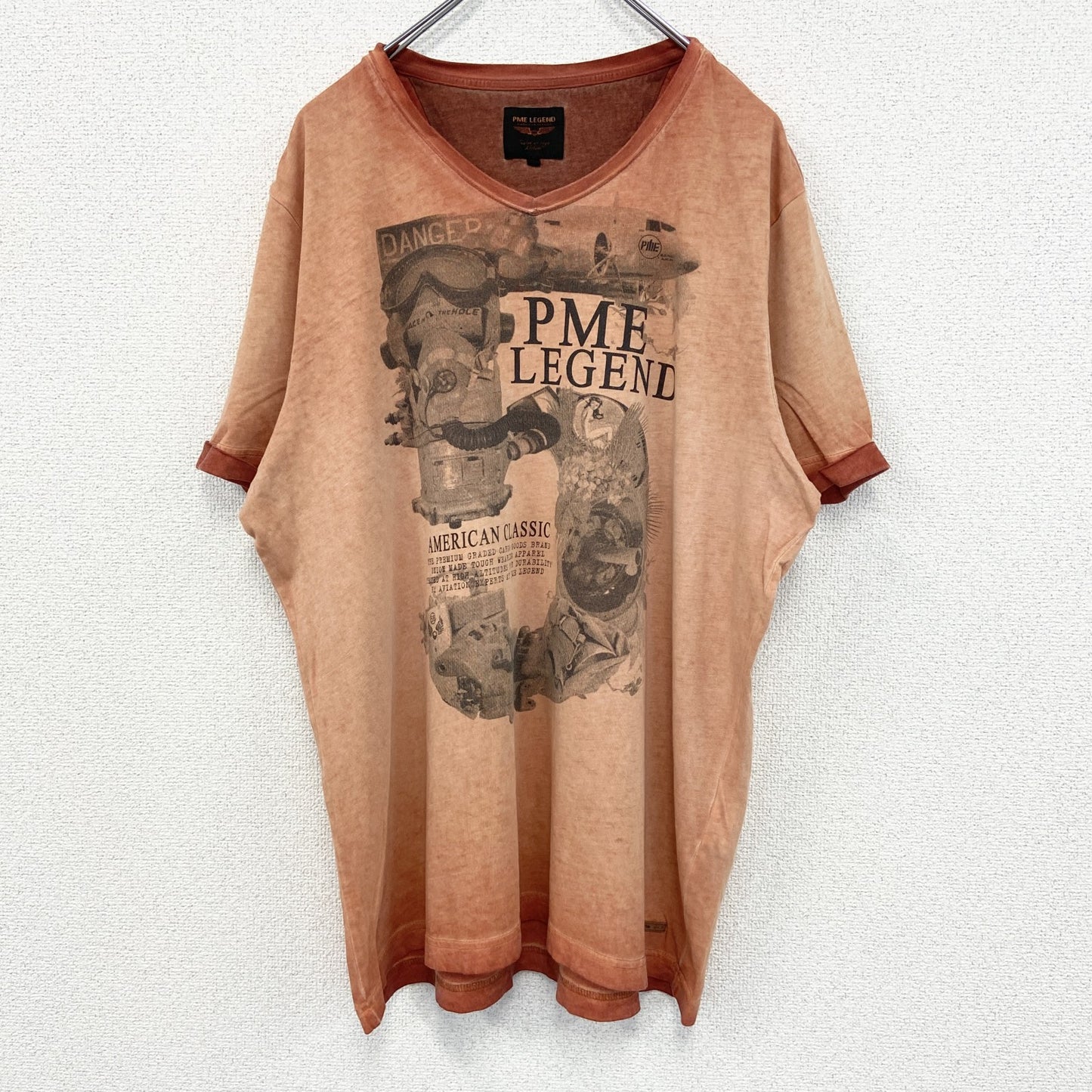 古着 used　PME LEGEND　半袖プリントTシャツ　ヴィンテージ風　オレンジ　カジュアルデザイン　Vネック　Lサイズ