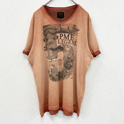 古着 used　PME LEGEND　半袖プリントTシャツ　ヴィンテージ風　オレンジ　カジュアルデザイン　Vネック　Lサイズ