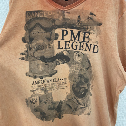 古着 used　PME LEGEND　半袖プリントTシャツ　ヴィンテージ風　オレンジ　カジュアルデザイン　Vネック　Lサイズ