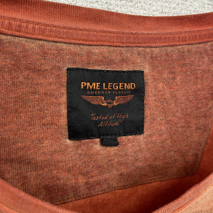 古着 used　PME LEGEND　半袖プリントTシャツ　ヴィンテージ風　オレンジ　カジュアルデザイン　Vネック　Lサイズ
