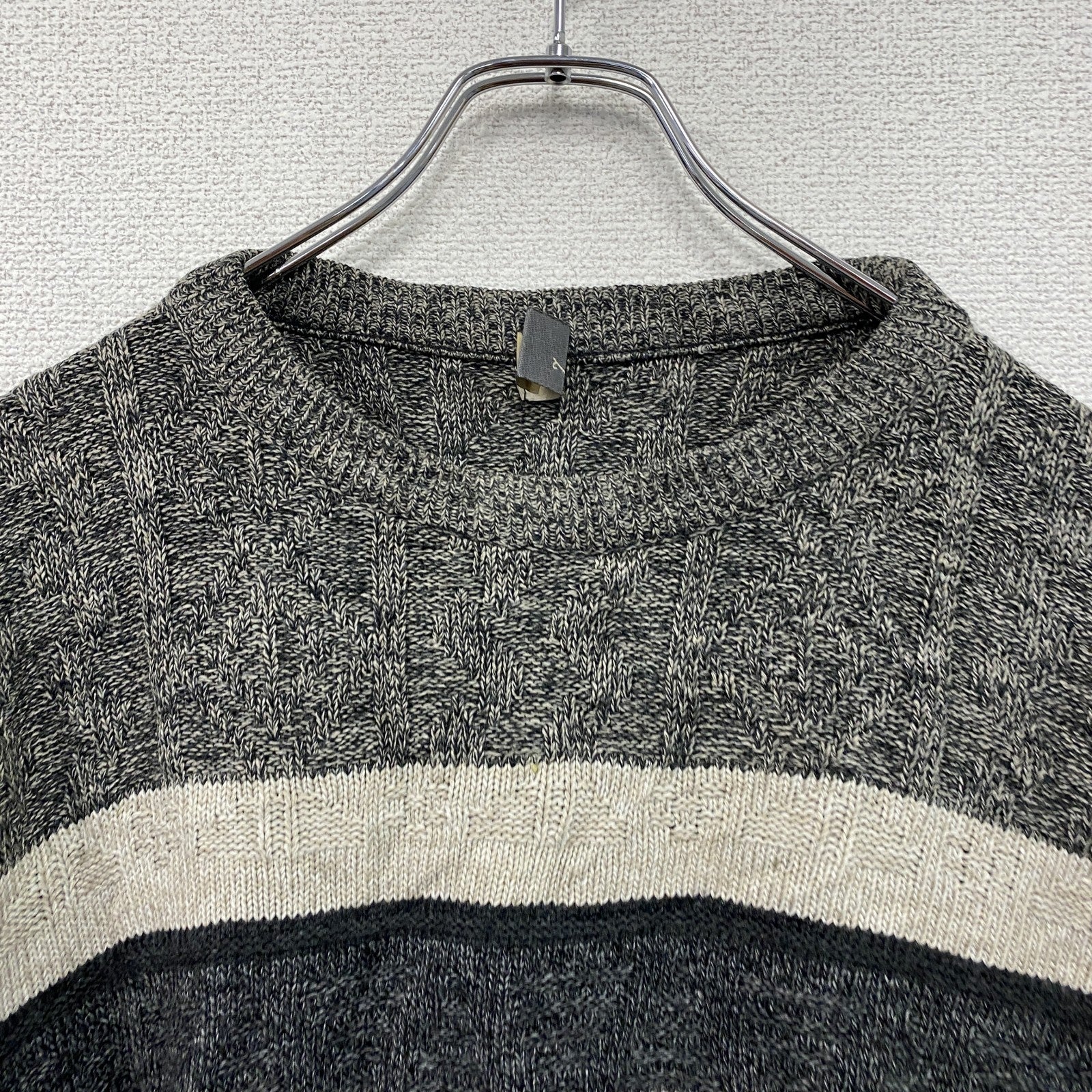 Bhs　アクリルニットセーター　ボーダー柄　幾何学模様　ノルディック柄　クルーネック　総柄　灰色　ダークグレー　Lサイズ