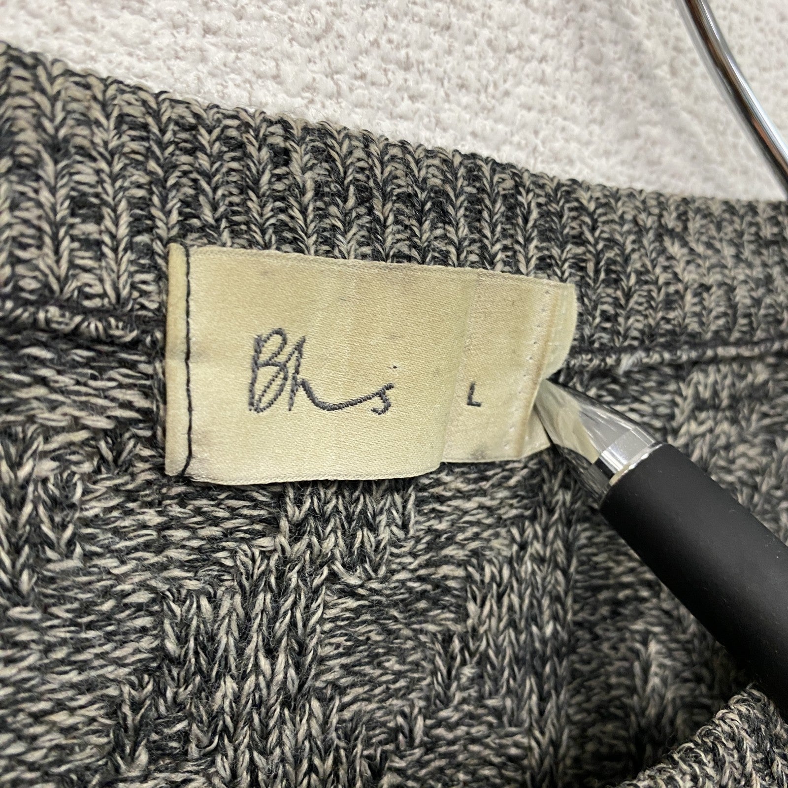 Bhs　アクリルニットセーター　ボーダー柄　幾何学模様　ノルディック柄　クルーネック　総柄　灰色　ダークグレー　Lサイズ