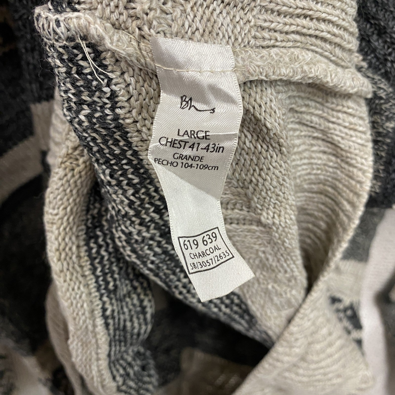 Bhs　アクリルニットセーター　ボーダー柄　幾何学模様　ノルディック柄　クルーネック　総柄　灰色　ダークグレー　Lサイズ