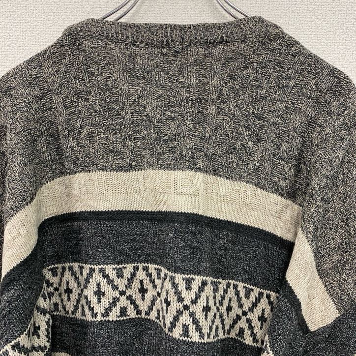 Bhs　アクリルニットセーター　ボーダー柄　幾何学模様　ノルディック柄　クルーネック　総柄　灰色　ダークグレー　Lサイズ