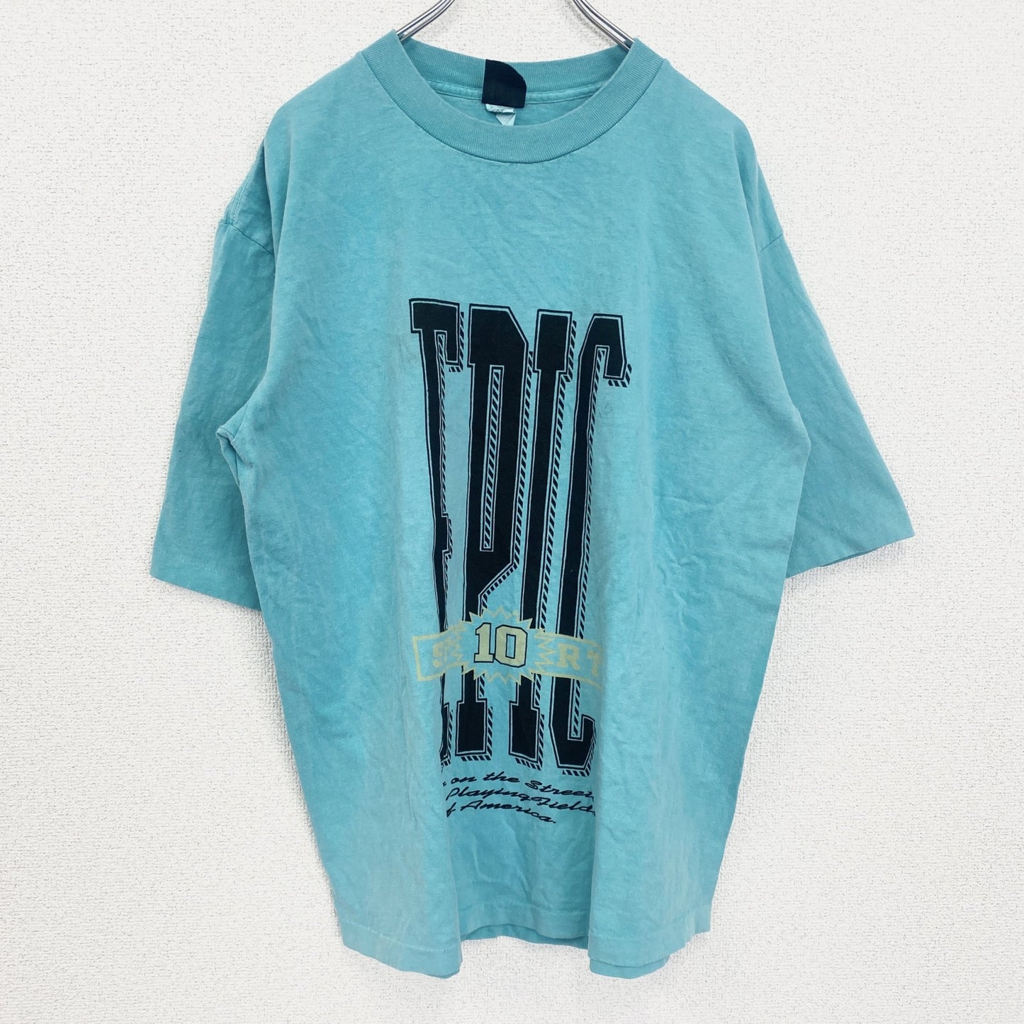 古着 used　90s　半袖プリントTシャツ　レトロデザイン　クルーネック　シングルステッチ　ヴィンテージ　ブルー　Lサイズ