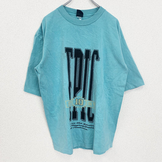 古着 used　90s　半袖プリントTシャツ　レトロデザイン　クルーネック　シングルステッチ　ヴィンテージ　ブルー　Lサイズ