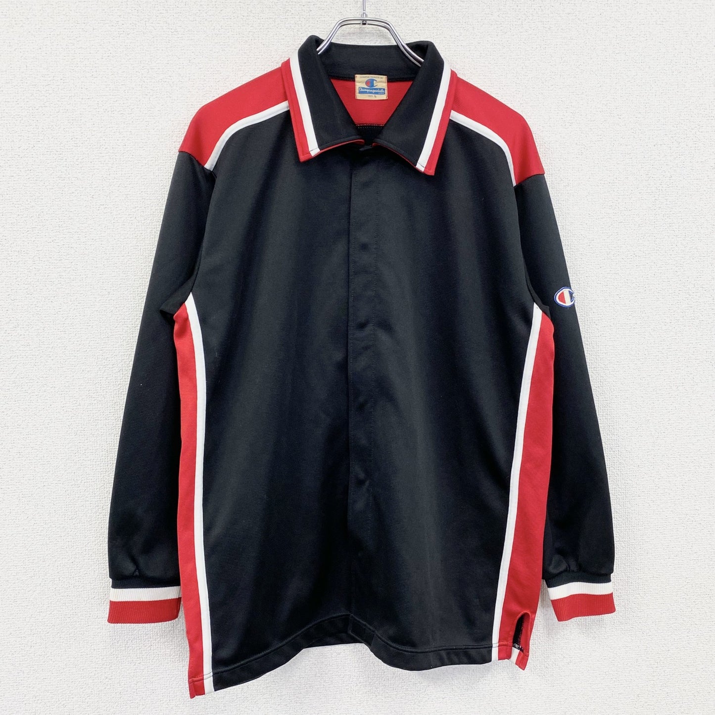 90s　Champion　チャンピオン　ウォームアップシャツ　比翼仕立て　ヴィンテージ　黒　ブラック　Lサイズ