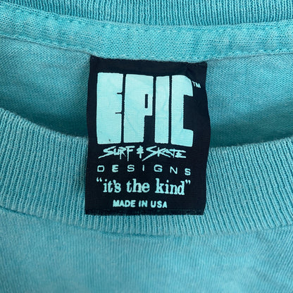 古着 used　90s　半袖プリントTシャツ　レトロデザイン　クルーネック　シングルステッチ　ヴィンテージ　ブルー　Lサイズ