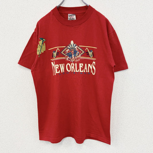 古着 used　ONEITA　半袖プリントTシャツ　刺繍デザイン　US製　NEW ORALEANS　カジュアル　レトロ　Mサイズ