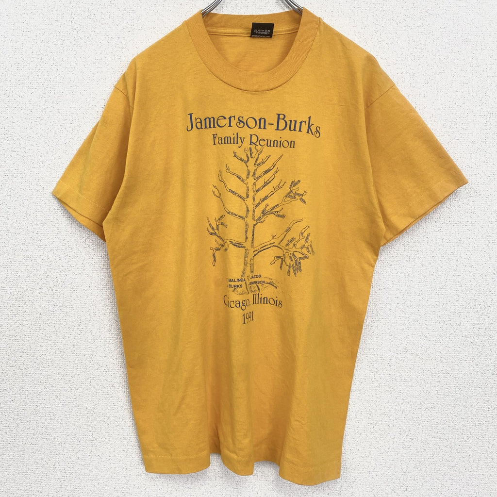 古着 used　90s　半袖プリントTシャツ　レトロデザイン　クルーネック　シングルステッチ　ヴィンテージ　イエロー　Lサイズ