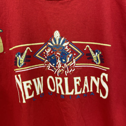 古着 used　ONEITA　半袖プリントTシャツ　刺繍デザイン　US製　NEW ORALEANS　カジュアル　レトロ　Mサイズ