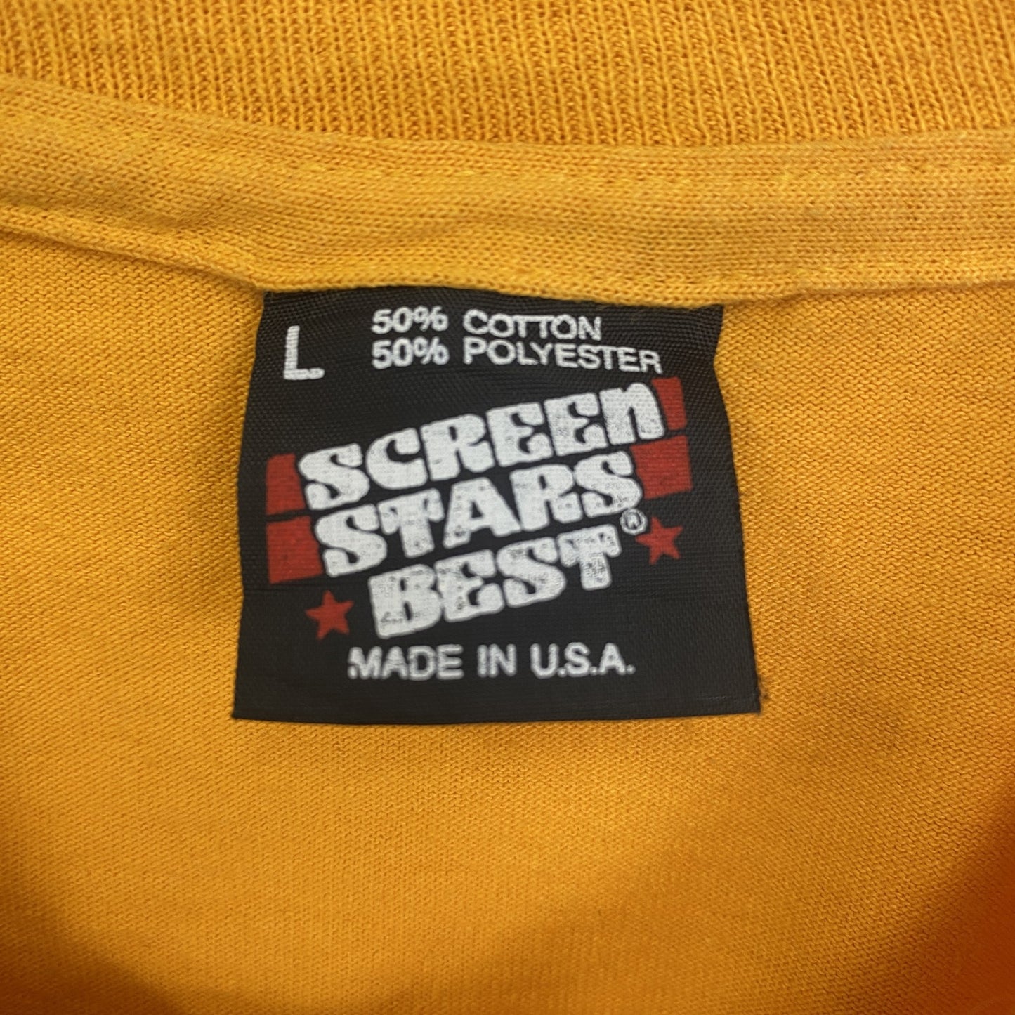 古着 used　90s　半袖プリントTシャツ　レトロデザイン　クルーネック　シングルステッチ　ヴィンテージ　イエロー　Lサイズ