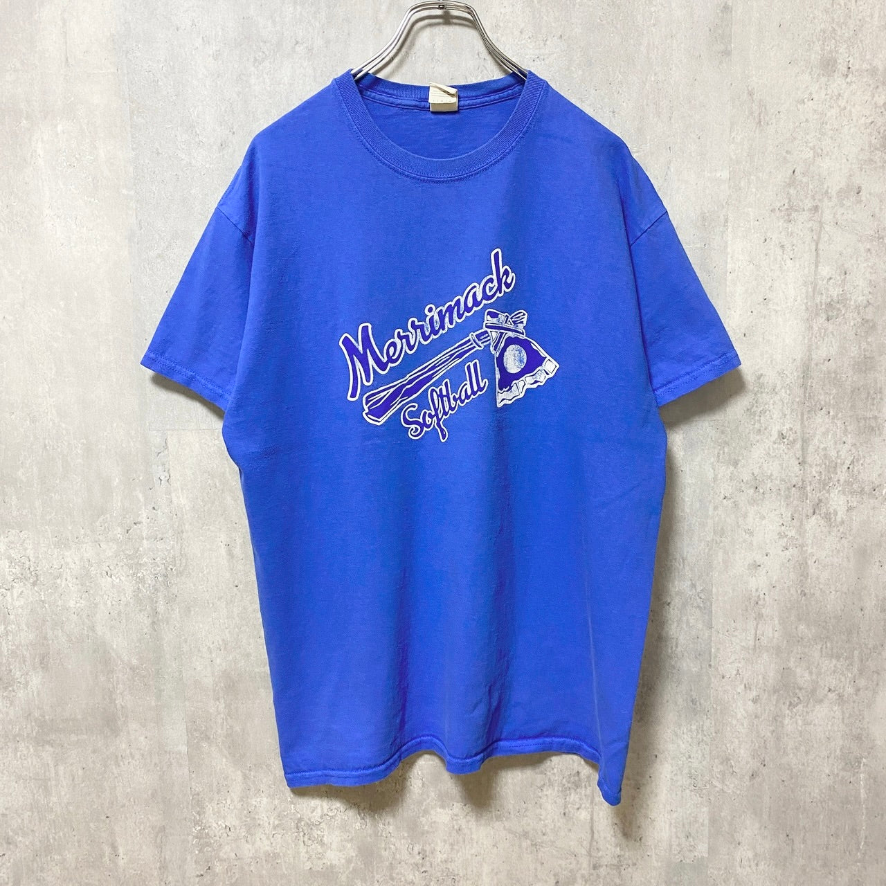 GILDAN　ギルダン　半袖プリントTシャツ　3連プリント　英字プリント　クルーネック　シンプル　青　ブルー　Lサイズ　
