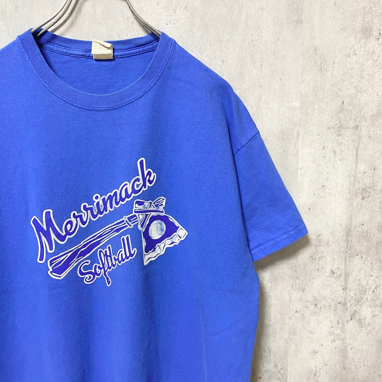 GILDAN　ギルダン　半袖プリントTシャツ　3連プリント　英字プリント　クルーネック　シンプル　青　ブルー　Lサイズ　